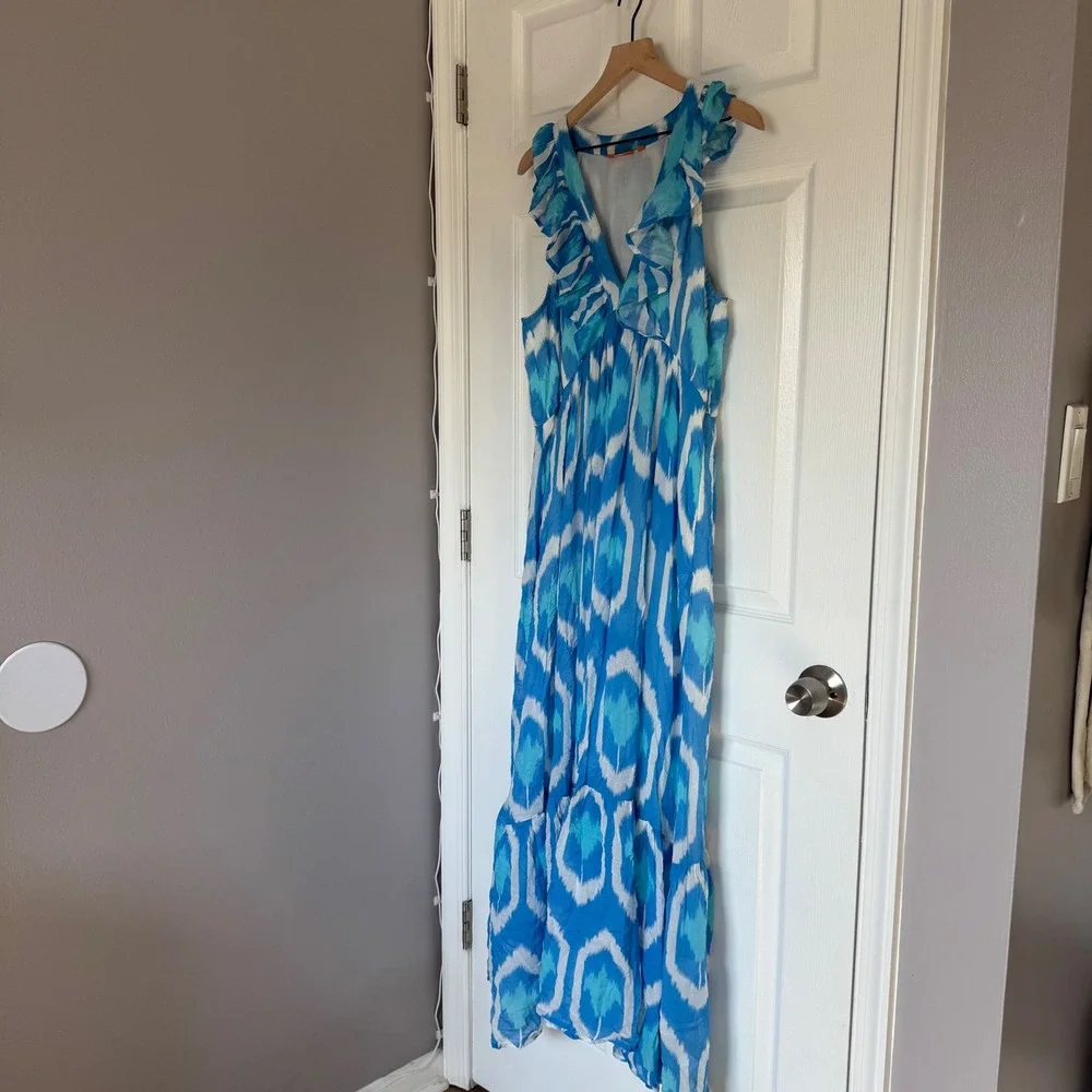 OLIPHANT  Blue White Ruffle V-Neck Maxi Dress Sleeveless Tiered Cotton M - Picture 2 of 8